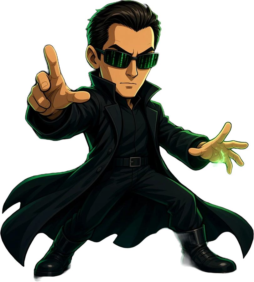 Cartoon NEO in a black coat pointing forward